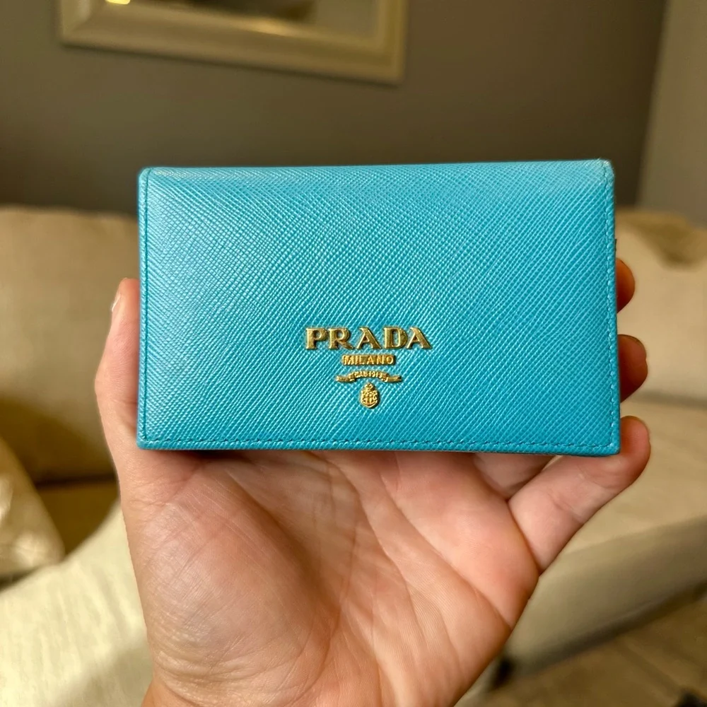 Prada Blue Saffiano Leather Card Holder with Gold Logo - Picture 5 of 12